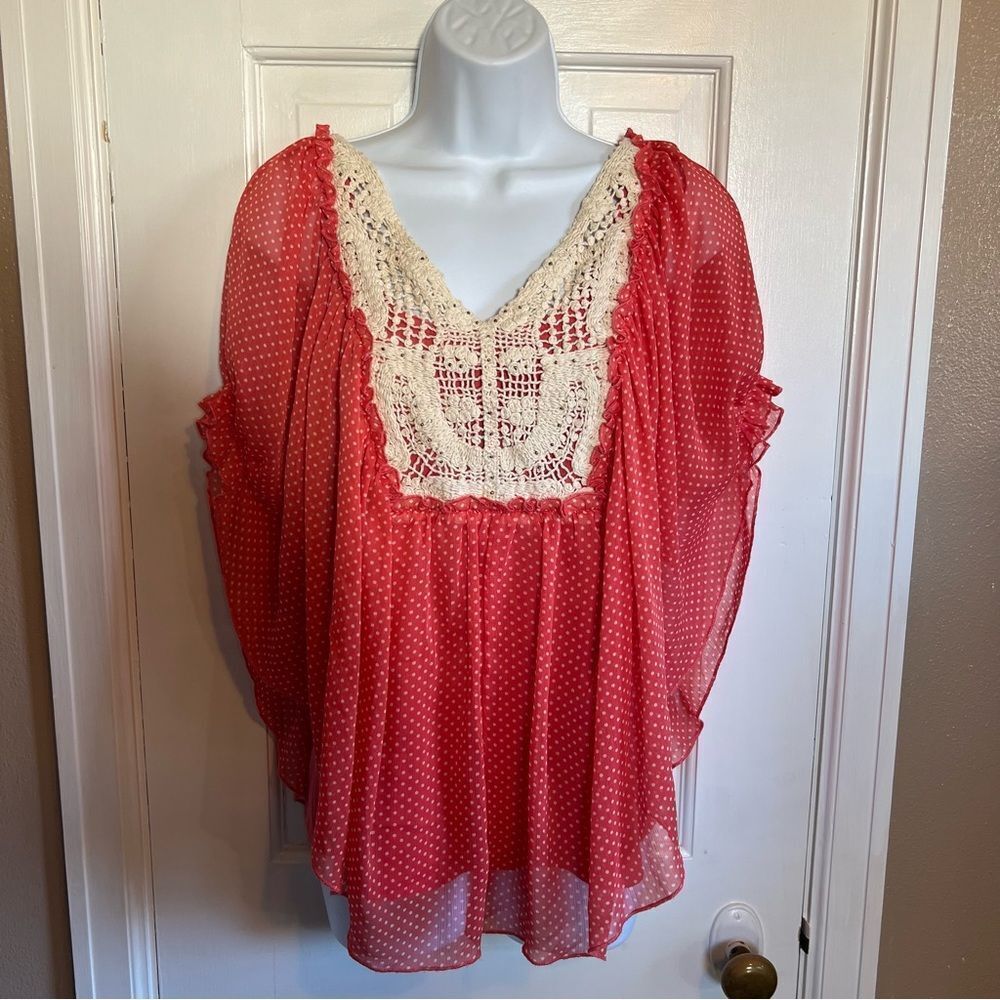 About A Girl Pink and White Lace Polka Dot Blouse